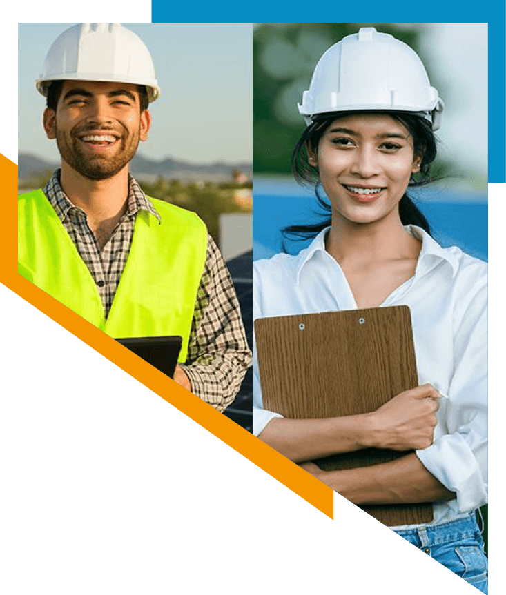 man and woman wearing hard hats