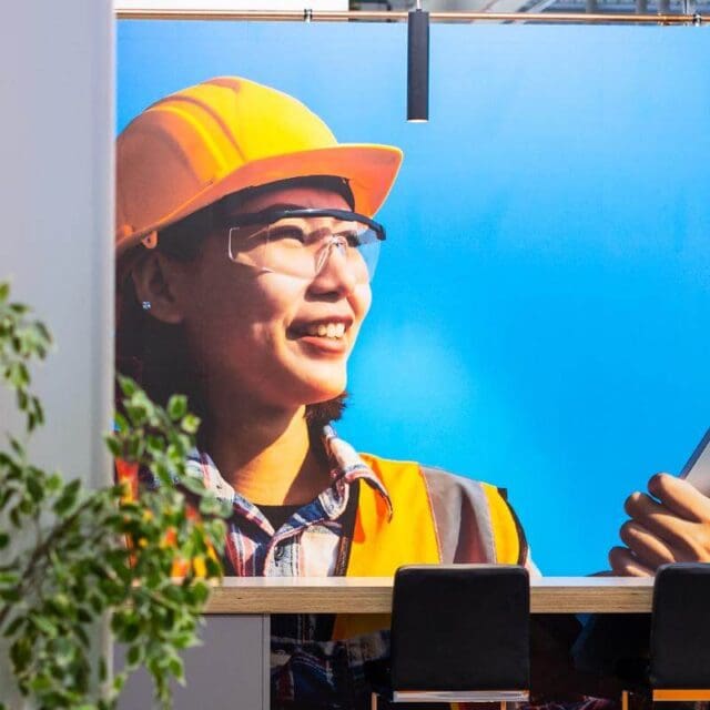 woman in a hard hat on the wall at the Segen Academy